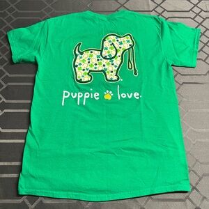 Puppie Love Women’s Green Lucky Shamrock Horseshoe Short Sleeve Cotton Tee Med